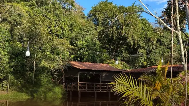O restaurante Xico da Fazenda à beira da lagoa, entre as árvores